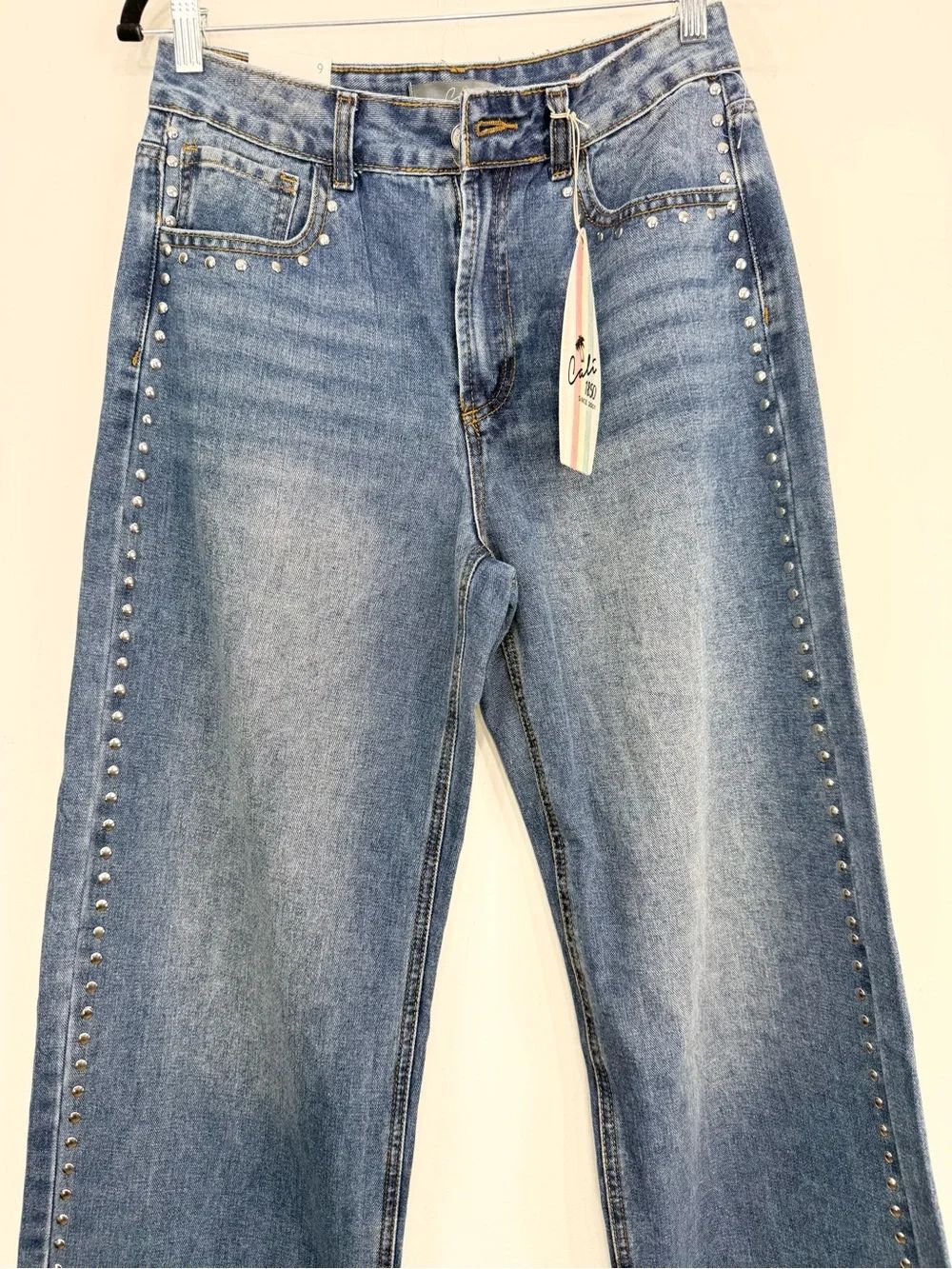Cali 1850 Blue Medium Wash Silver Studded Wide Leg High Rise Denim Jeans NEW - Picture 6 of 16